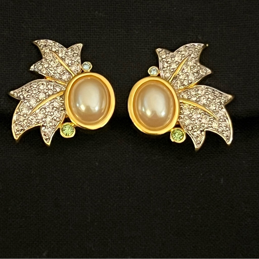 Gold Leaf Rhinestone & Pearl Earrings